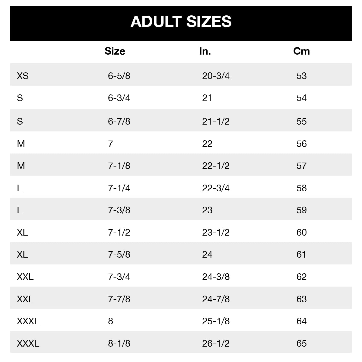 hats size chart